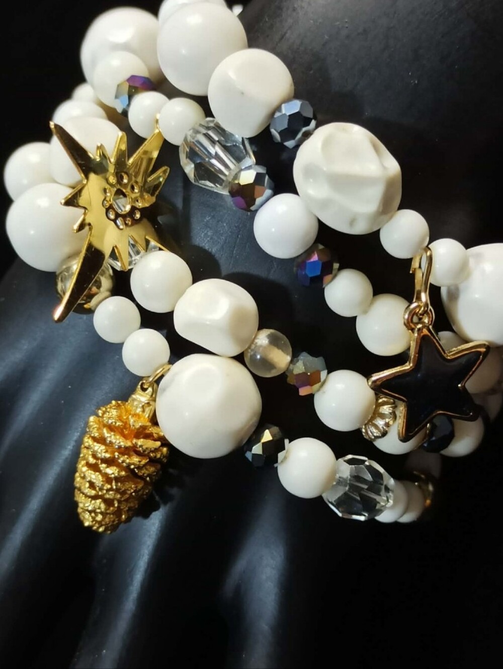 Vintage 80’s Charm Stretch Bracelet Set White Beaded Boho Statement Jewelry 4 Pc
